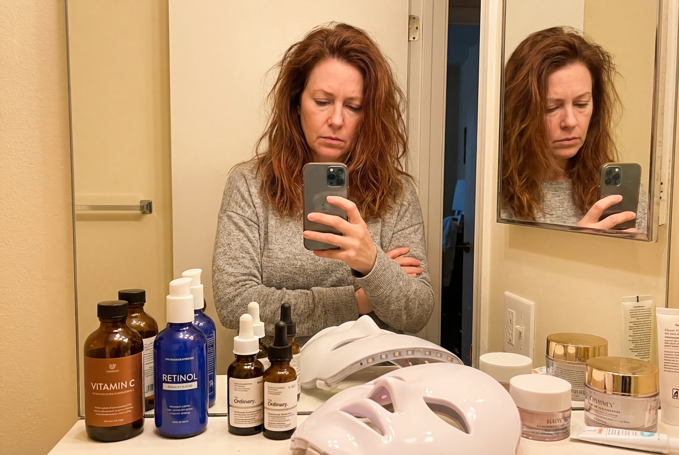 Looking at a bathroom counter full of expensive skincare products that never worked