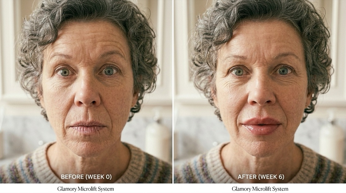 Close-up of lip transformation before and after using the Glamory MicroLift