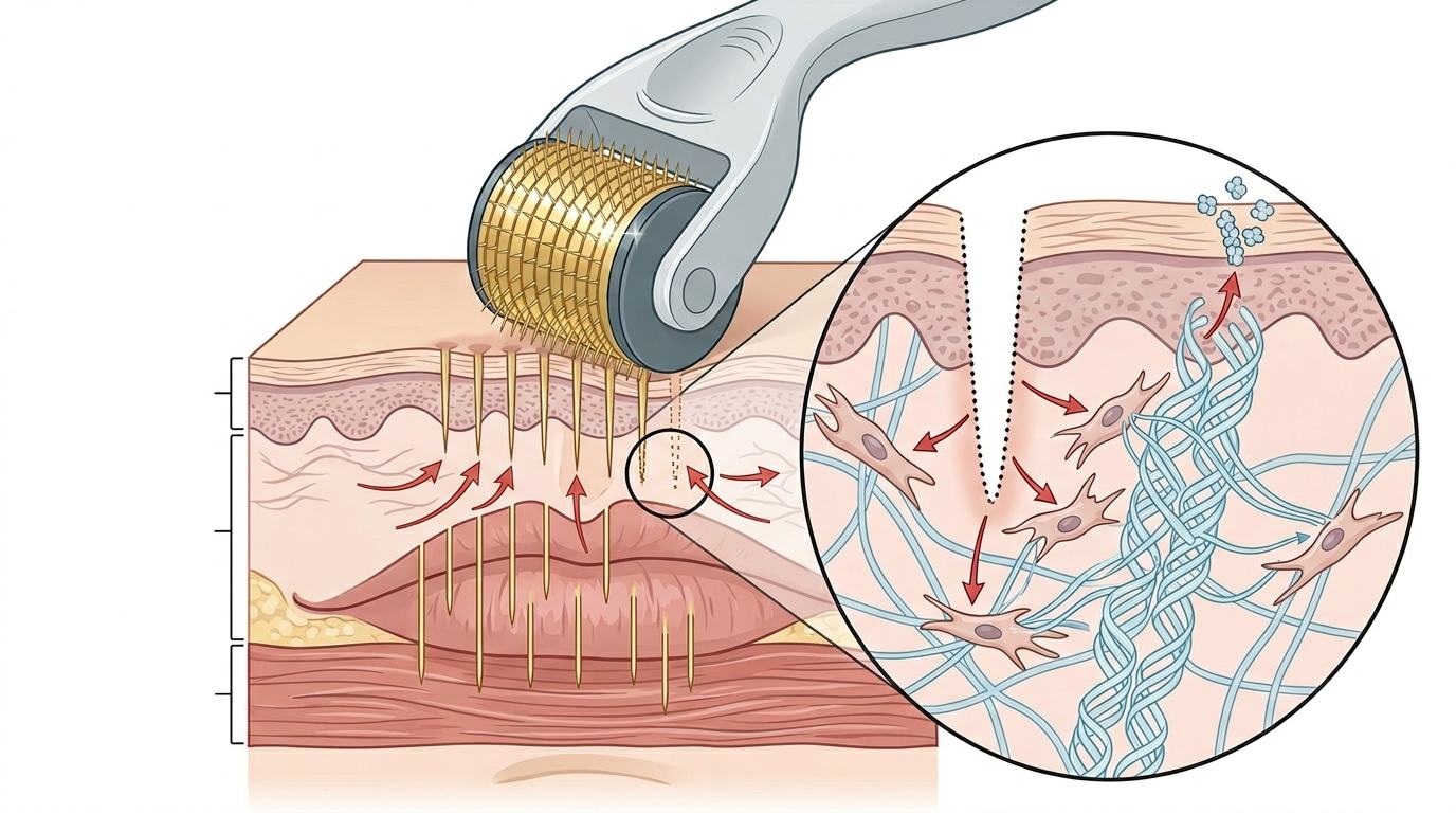 Diagram showing how micro-infusion delivers serum through 24K gold needles into the dermis