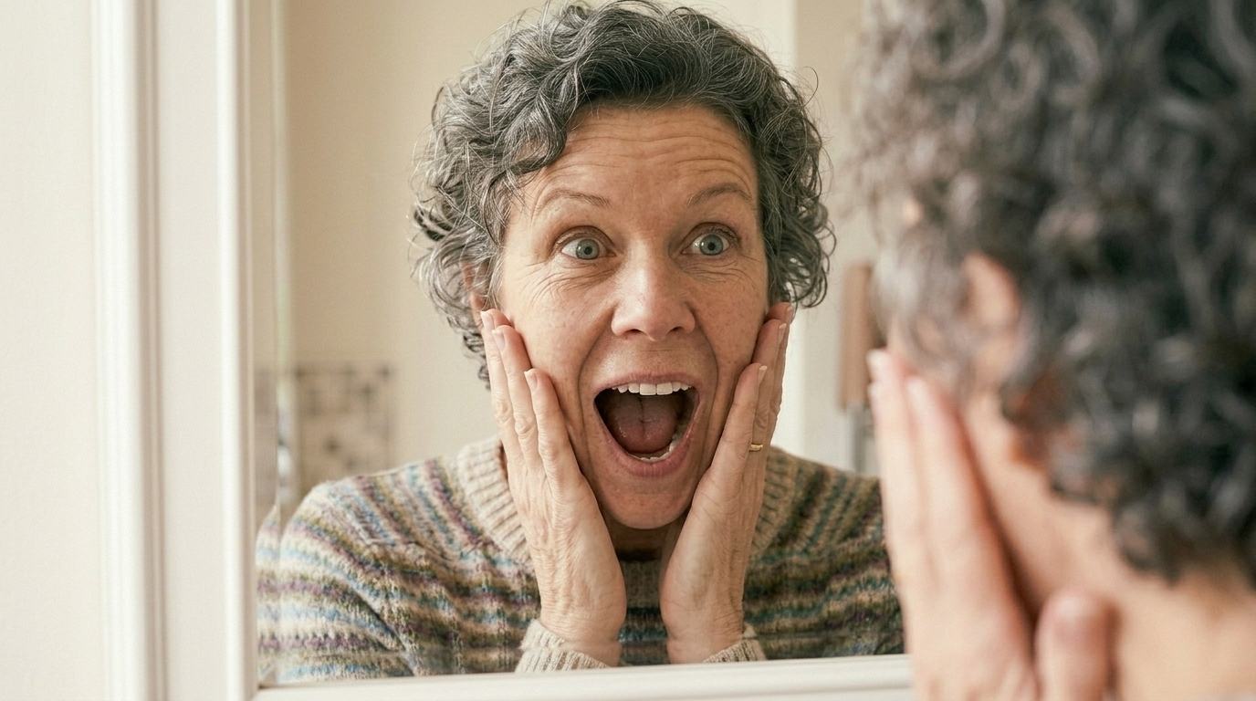 Woman looking at her fuller lips in the mirror after using the device
