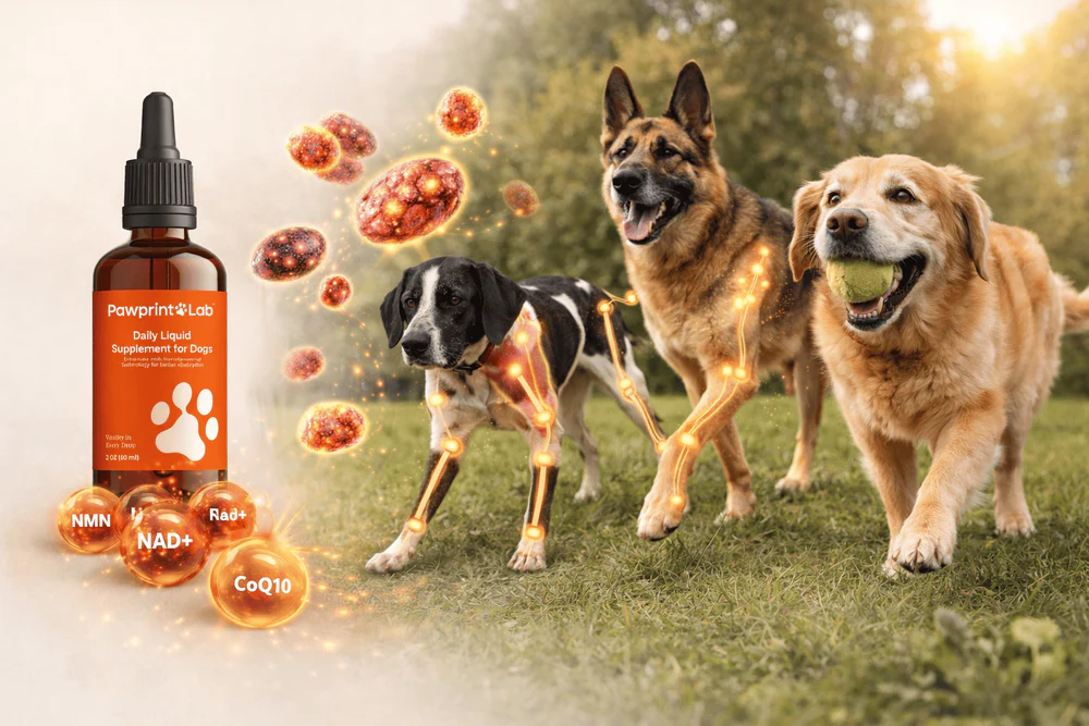 Pawprint Protocol bottle with NMN, NAD+, Resveratrol, and CoQ10 — three healthy dogs playing