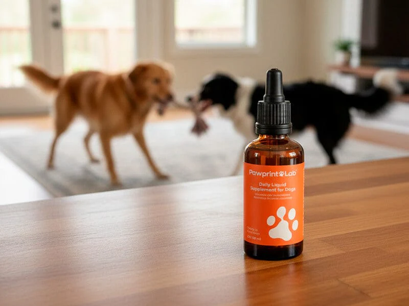 Pawprint Protocol bottle with NMN, NAD+, CoQ10 compound molecules