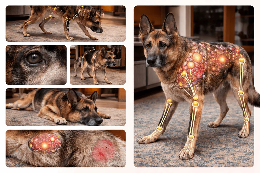 Signs of cellular aging in a senior German Shepherd — joint inflammation, muscle loss, and skeletal breakdown