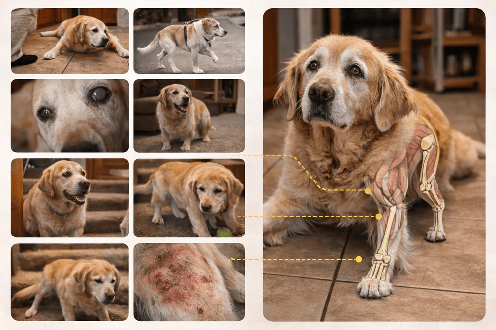 Signs of aging in a senior golden retriever — joint breakdown, muscle loss, and skeletal anatomy