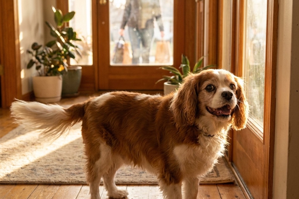 Happy alert senior Cavalier King Charles Spaniel greeting owner at the front door