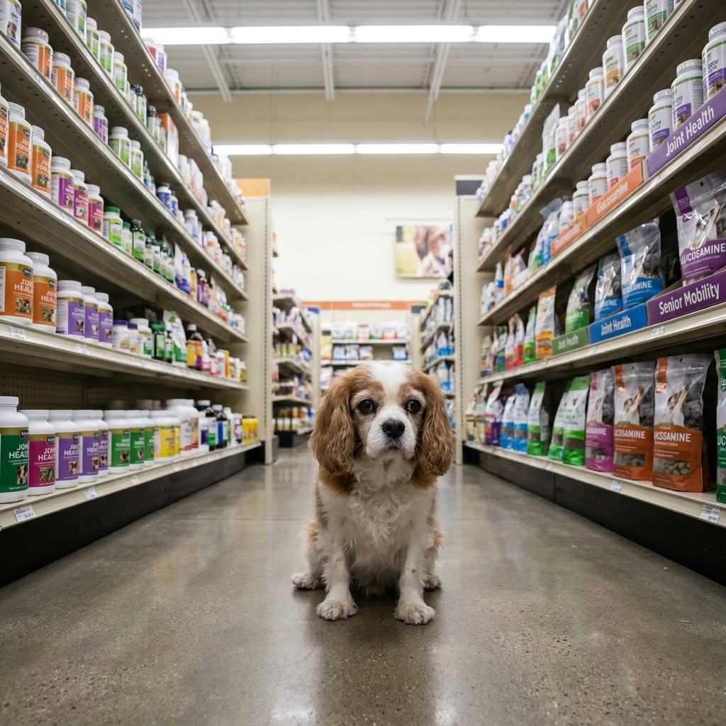 Senior Cavalier King Charles Spaniel sitting alone in pet store supplement aisle surrounded by glucosamine bottles