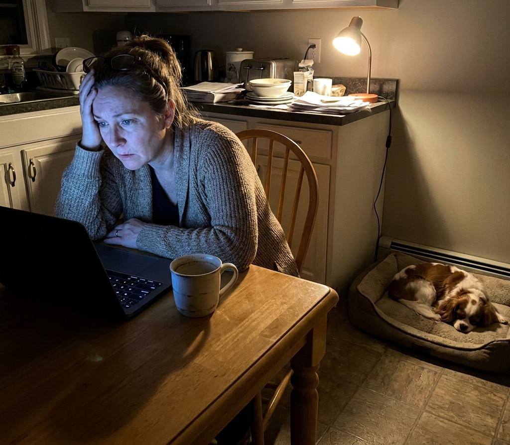 Karen searching on laptop late at night while Rosie sleeps in her dog bed