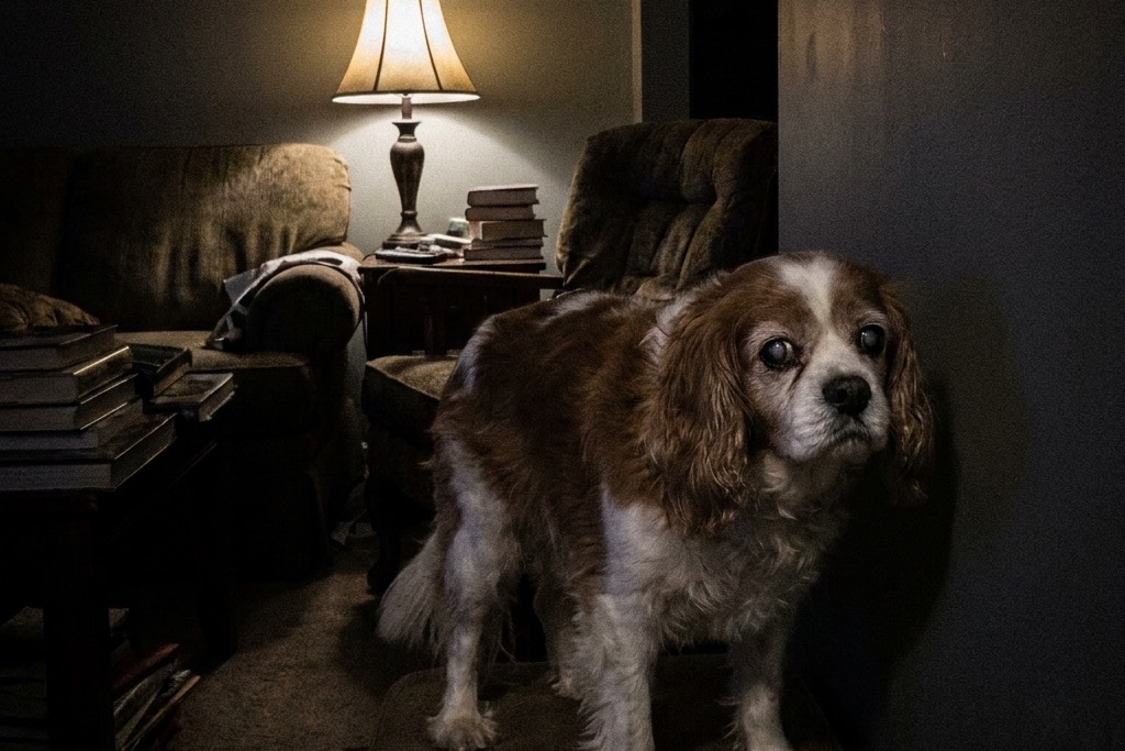 Senior Cavalier King Charles Spaniel standing alone in a dark room looking confused