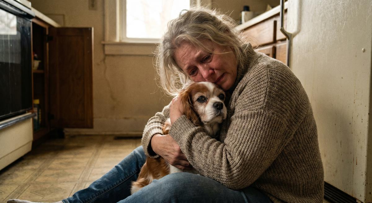 Woman sitting on kitchen floor holding her senior Blenheim Cavalier King Charles Spaniel