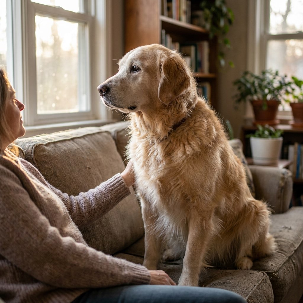 Happy senior golden retriever with owner