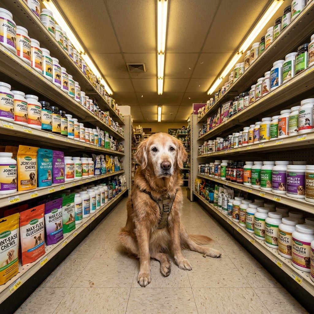 Senior golden retriever sitting in a pet store supplement aisle surrounded by glucosamine bottles