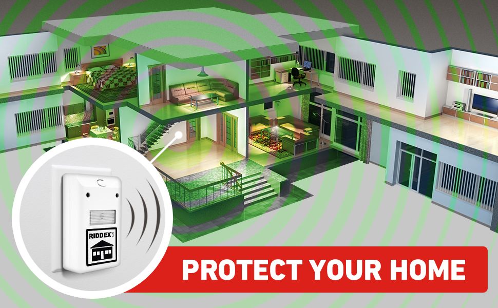 House cross-section showing Riddex Plus electromagnetic coverage protecting the home