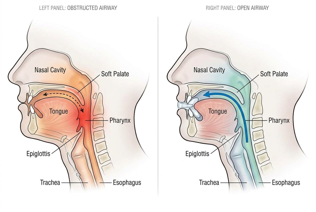Side-profile diagram of the airway showing the lower jaw held forward and the throat passage open during sleep