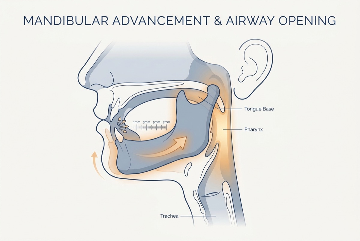 Medical illustration of a sleeping profile with the jaw held slightly forward and the throat passage clear