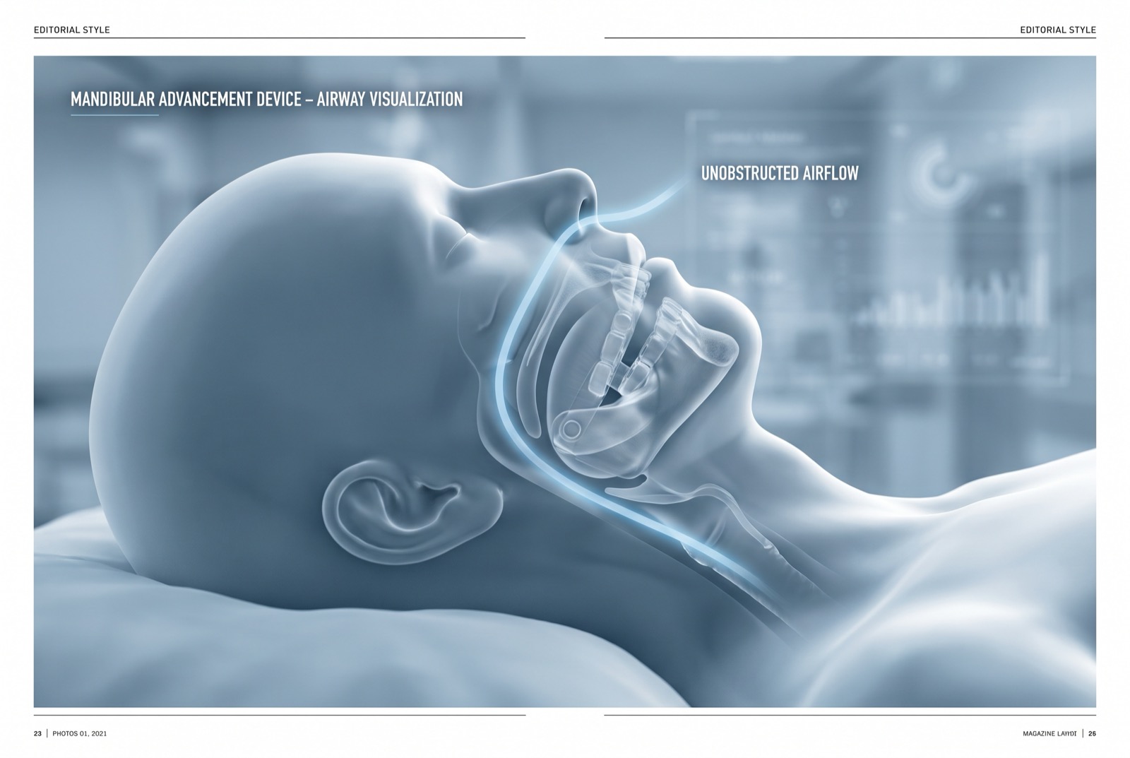 Clinical cross-section diagram showing how holding the lower jaw forward keeps the airway open during sleep